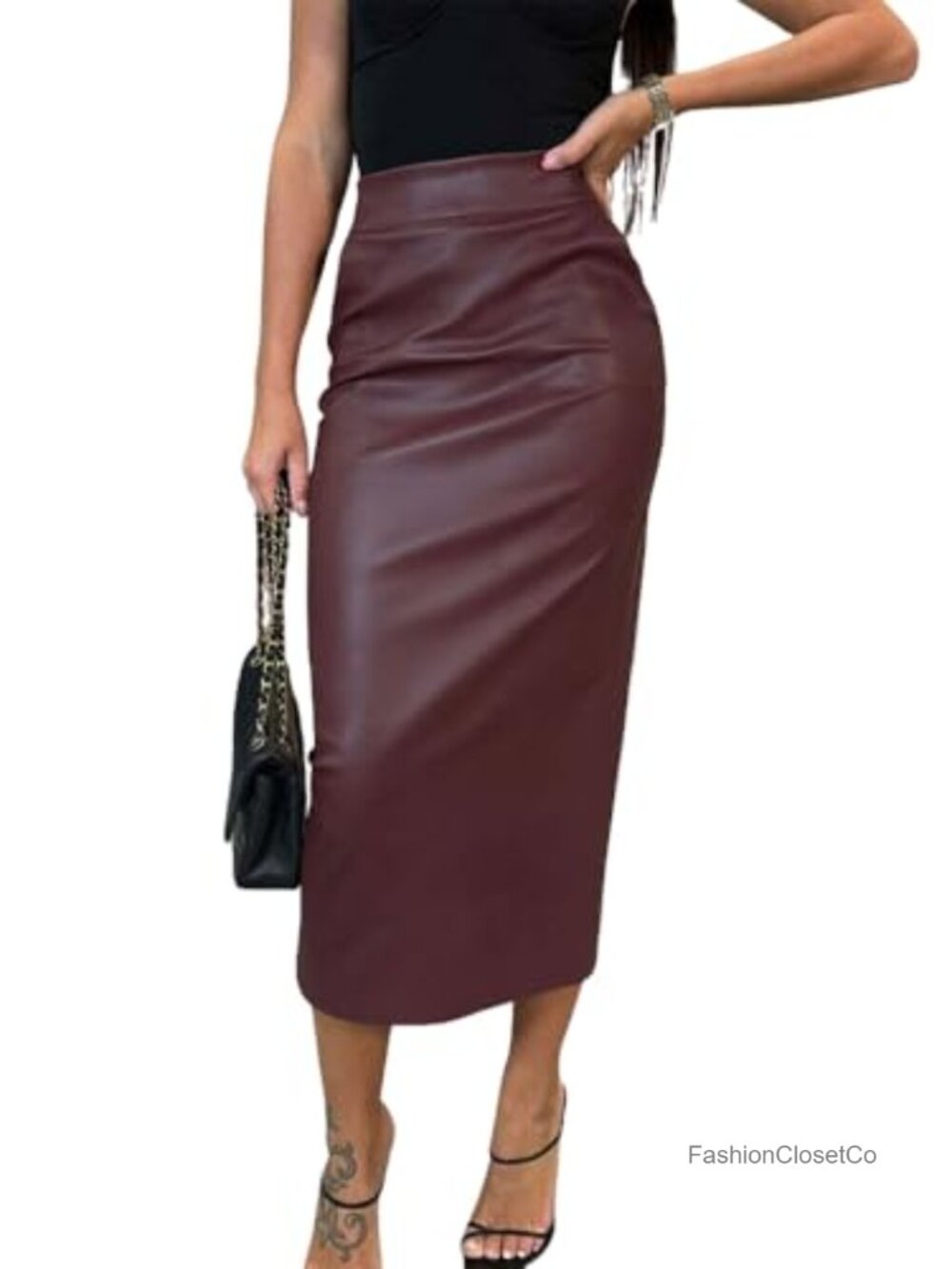 Faux Leather High Waist Bodycon Pencil Midi Skirt